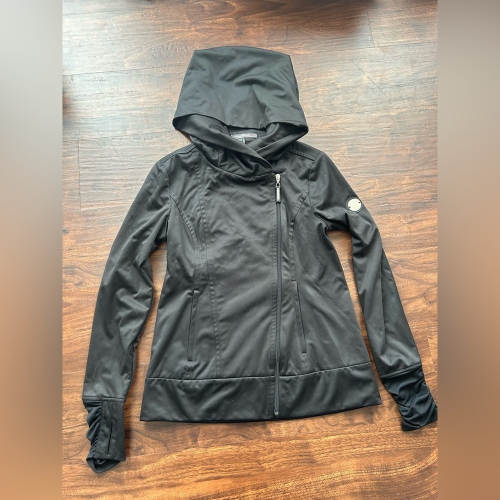 ASMAR Equestrian Black Performance Riding Jacket Hood Asymmetrical Zipper 
Small